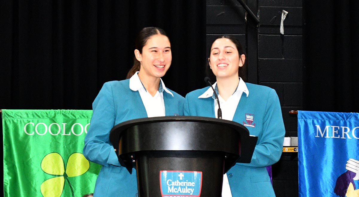 McAuley Westmead School Captains Lara and Talia launching the new school theme at the assembly on Wednesday, 29th October 2025.