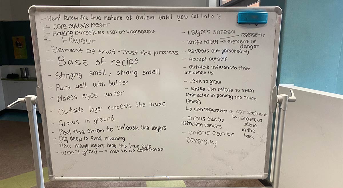 Whiteboard with the brainstorm of themes from the book