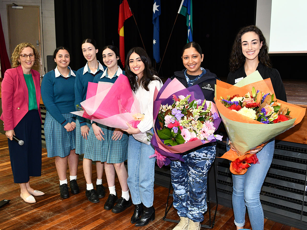 Ex students from right Settimia Luccitti 2019, Ariadne Woodward nee Colaco 2012 and Tianna Sukkarieh 2016 with Ms Chahine Careers Adviser and student leaders at Catherine McAuley Westmead Alumni