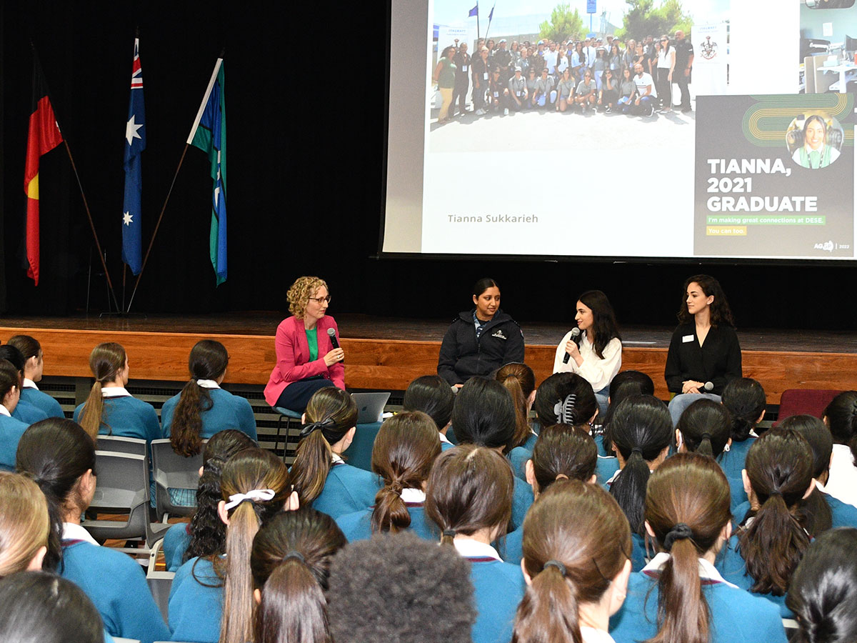 Ex students speaking to Yr 11 at Catherine McAuley Westmead Alumni Careers Panel