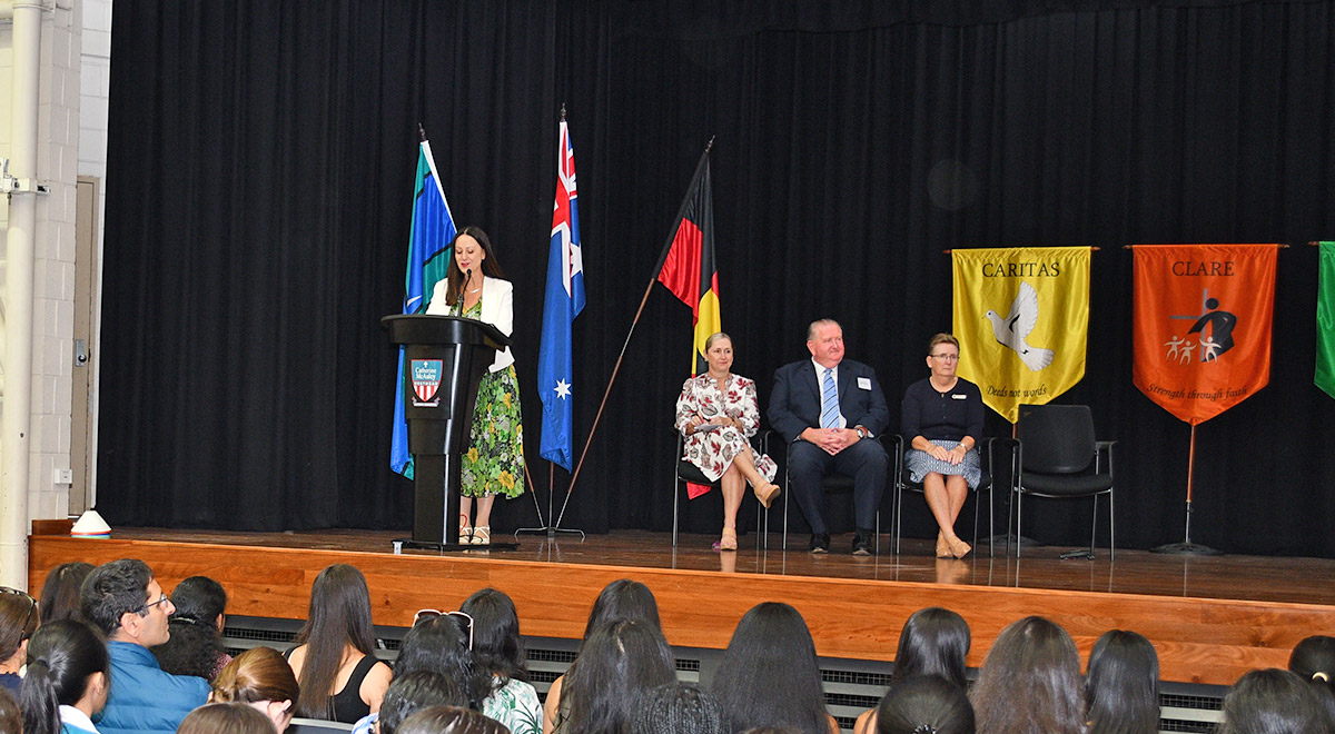 McAuley Westmead Principal Mrs Mary Rafelo addressing the school