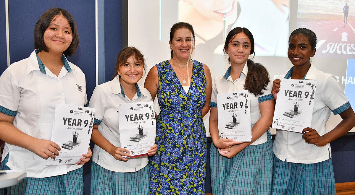 Dr Prue Salter, from Enhanced Learning Educational Services, with some Year 9 students after their study skills session | McAuley Westmead