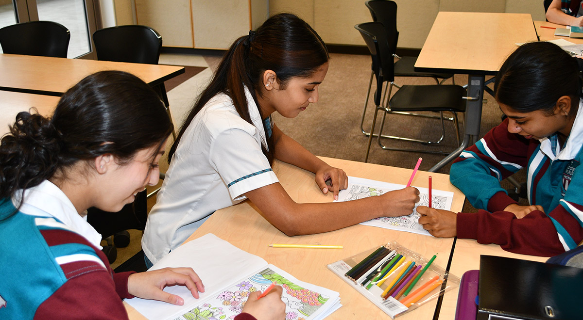 Year 12 Clare begins the day with some mindfulness colouring at McAuley Westmead