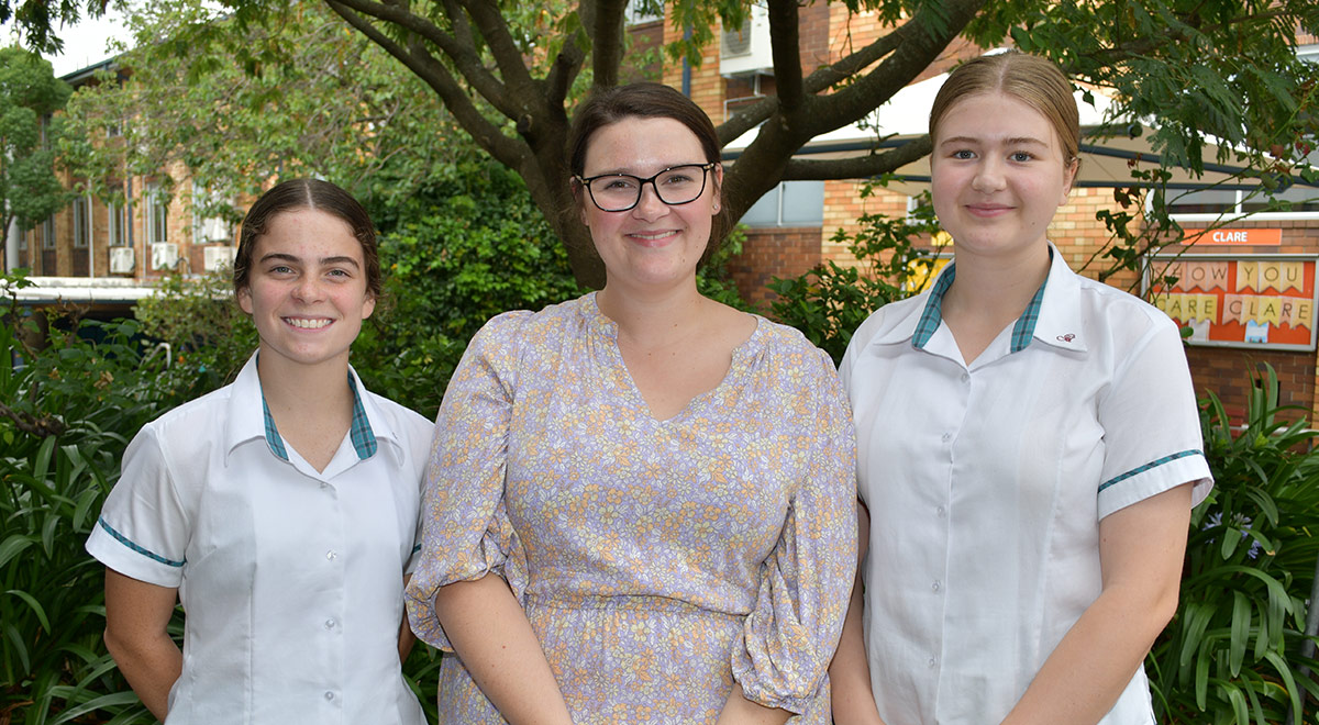 Clare House was the winner of the 2023 Swimming Carnival. Photo shows from left, Samantha T, Assistant Leader of Clare, Ms Shipley, Clare House Patron and Clare P, Leader of Clare