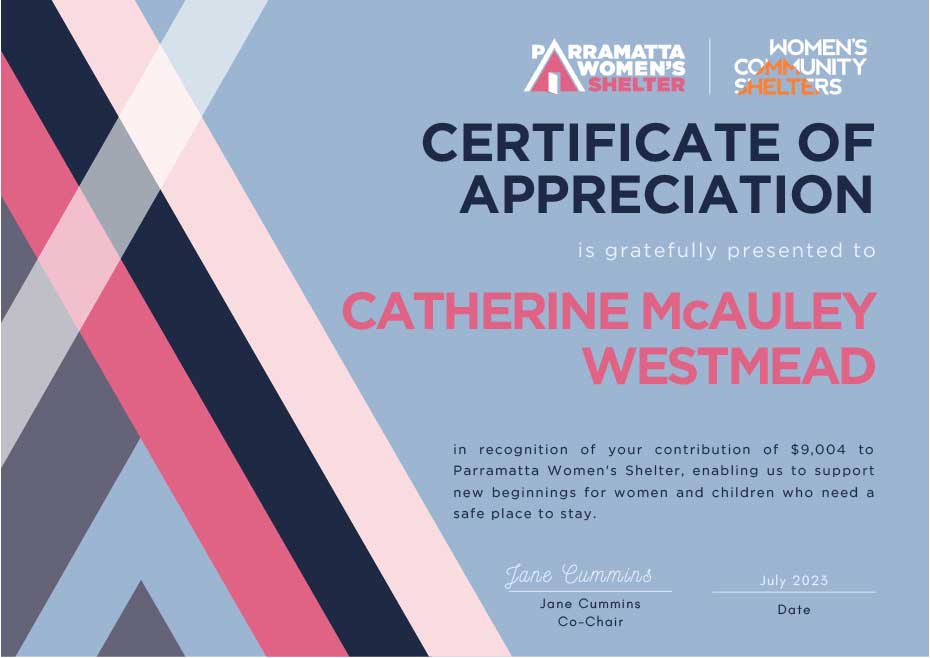 Catherine McAuley Westmead womens shelter certificate of appreciation