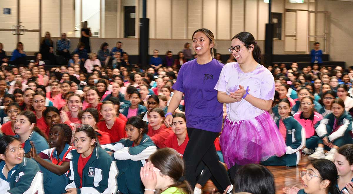 McAuley Westmead House Leaders of Dobson, Liz and Gabrielle, upon hearing the news that Dobson House were the winners of the House Cheer for 2023.