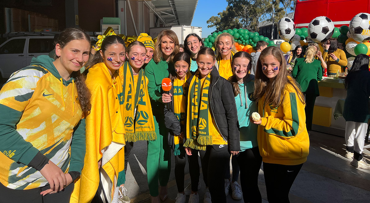 Catherine McAuley students with Channel 7 Sunrise presenter Natalie Barr at the special Sunrise breakfast to celebrate the Matildas