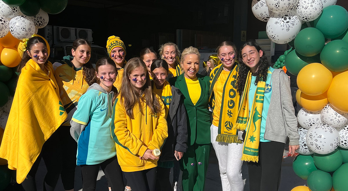 Catherine McAuley students with Channel 7 Sunrise presenter Mon at the special Sunrise breakfast to celebrate the Matildas