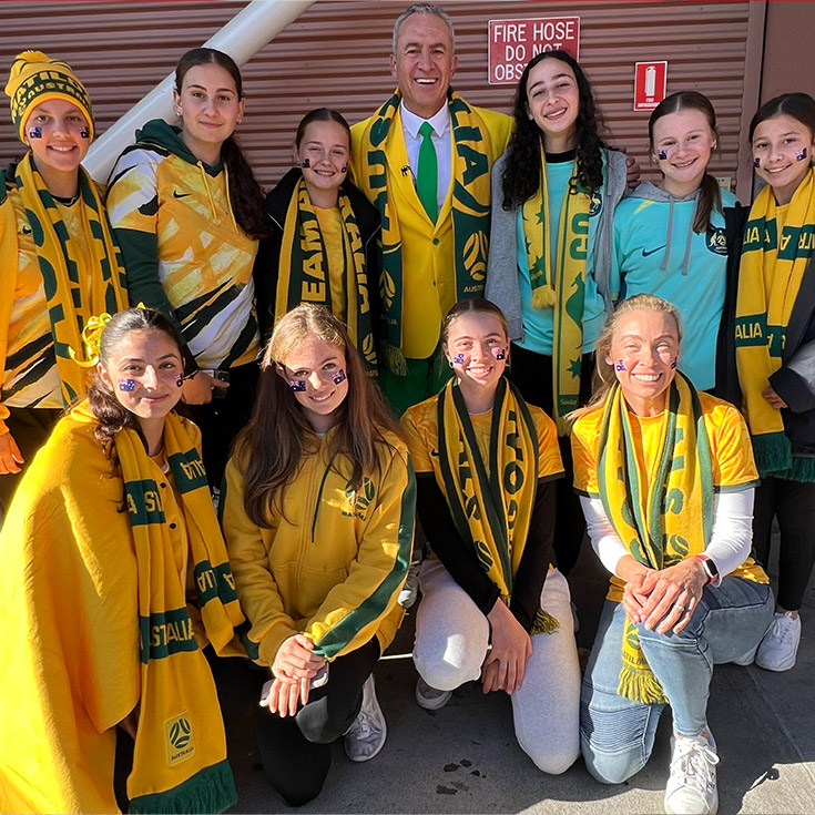 Catherine McAuley students with Channel 7 Sunrise presenter Mark Baretta at the special Sunrise breakfast to celebrate the Matildas