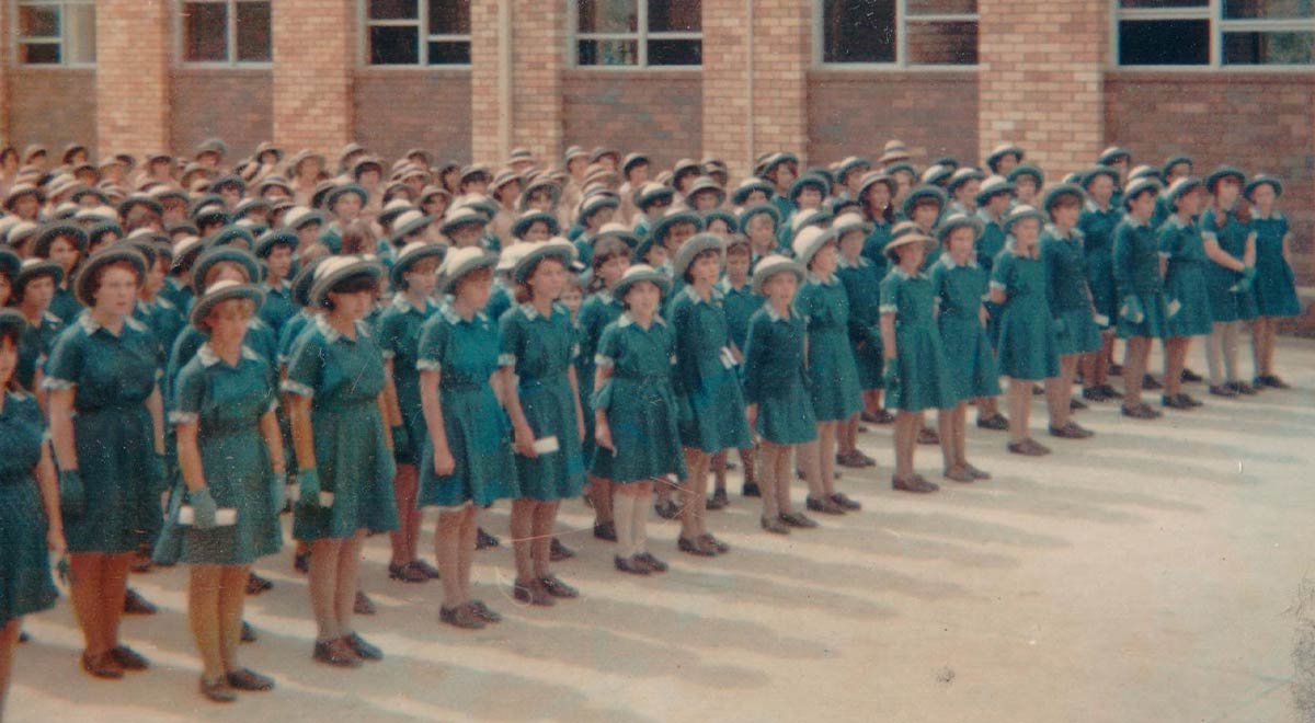 Students gathered at the first school assembly at Catherine McAuley Westmead in 1967