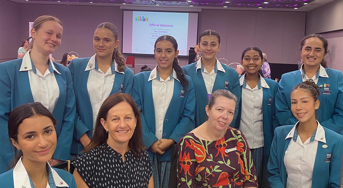 Year 12 Student Leaders at the Zonta Club IWD Breakfast accompanied by Year 12 Leader of Wellbeing Mrs Cowling and Director of Catholic Identity and Mission Ms Banks.