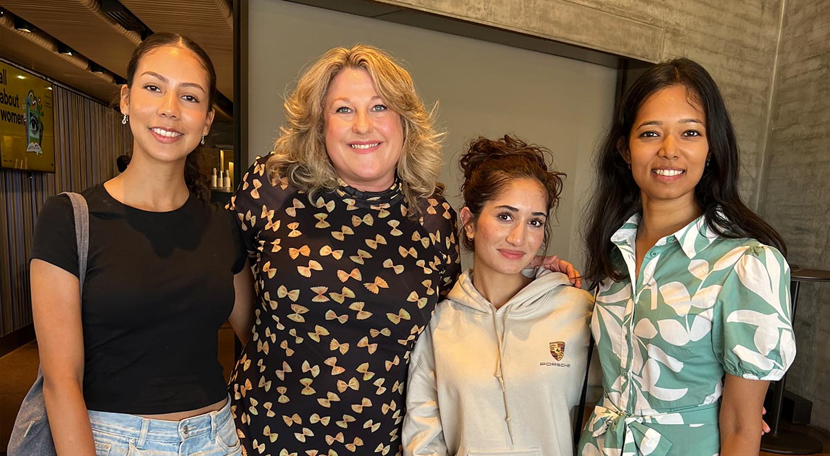 Miss Raja and Catherine McAuley Westmead students with Australian writer and speaker Karen Pickering who was one of the panellists at the All About Women event. event.