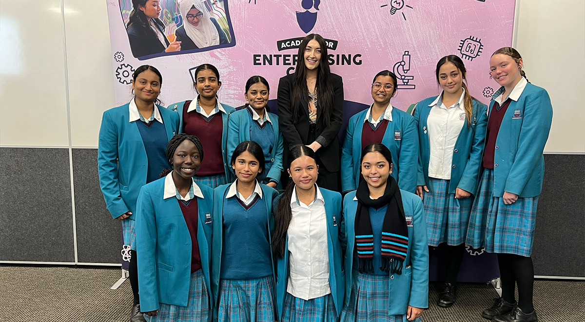 Taylor Hawkins with Catherine McAuley Westmead students