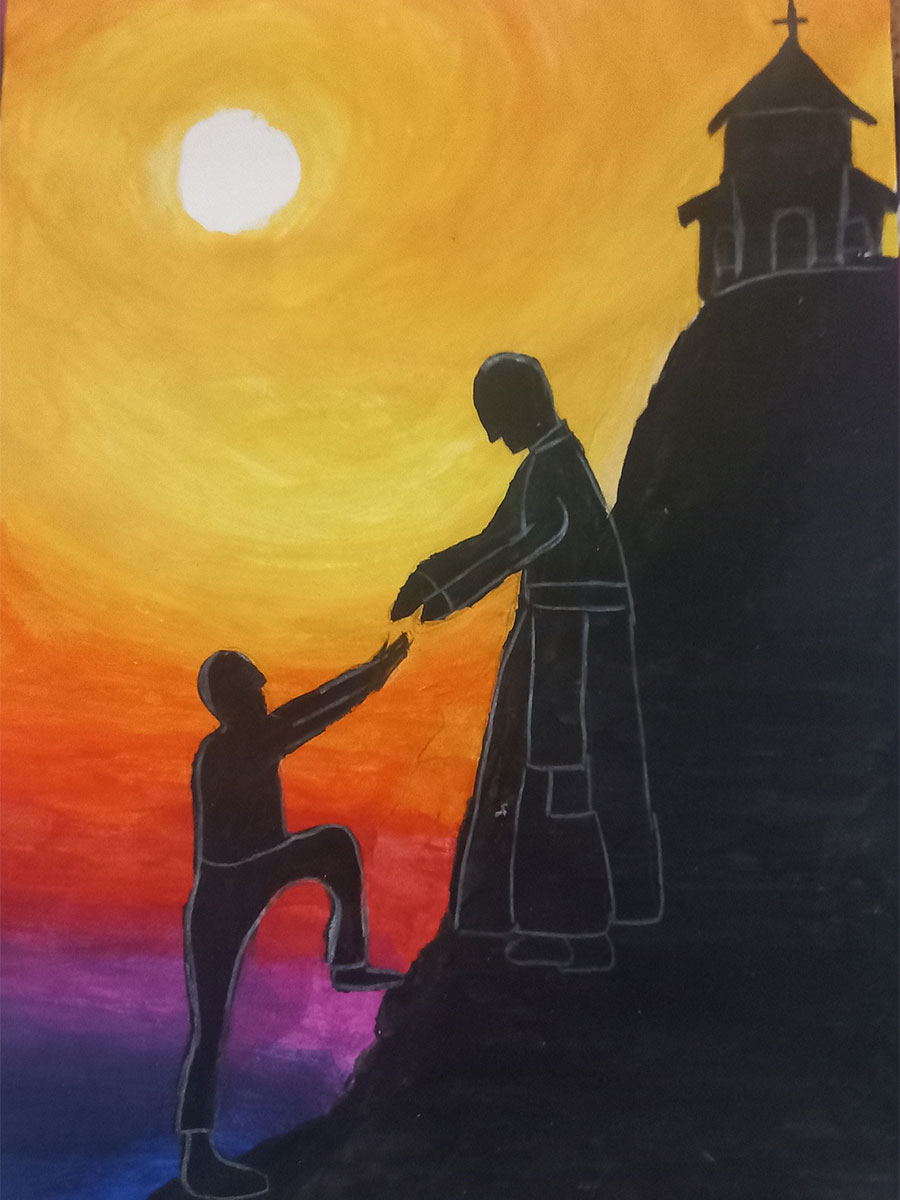 Shenaya N. artwork. The artwork depicts a priest welcoming someone into a church. There is a sunset in the background.
