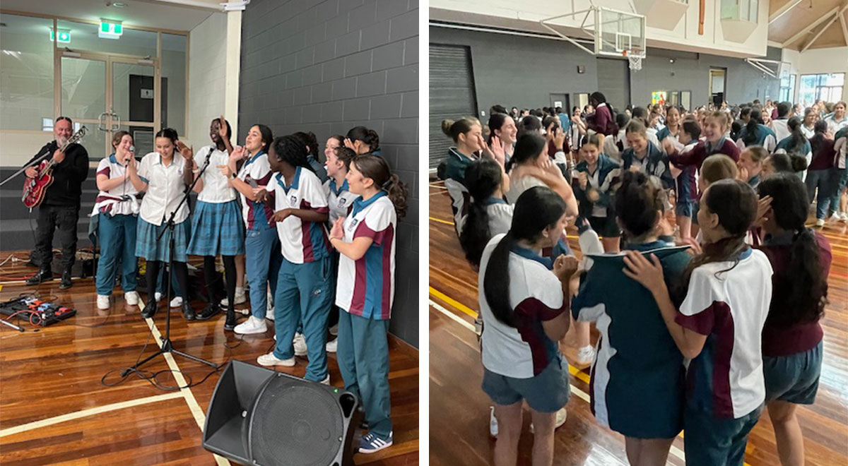 Mr Chris Dole and Catherine McAuley Westmead students dancing and singing