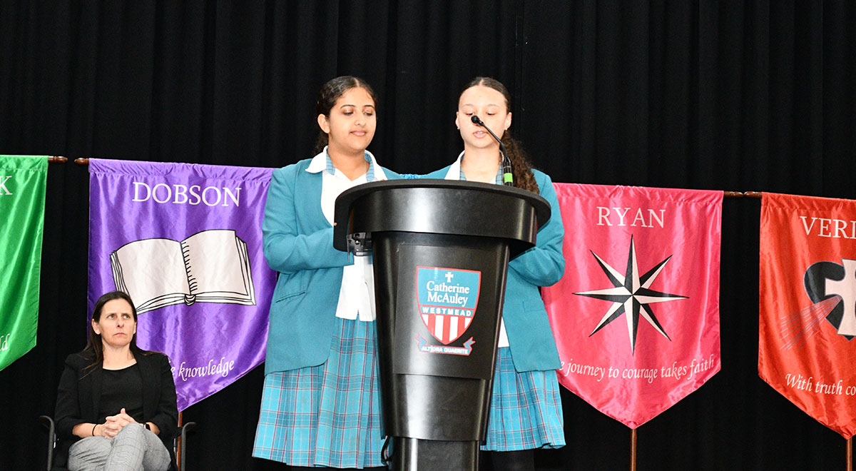 Catherine McAuley Westmead students presenting to the school at assembly