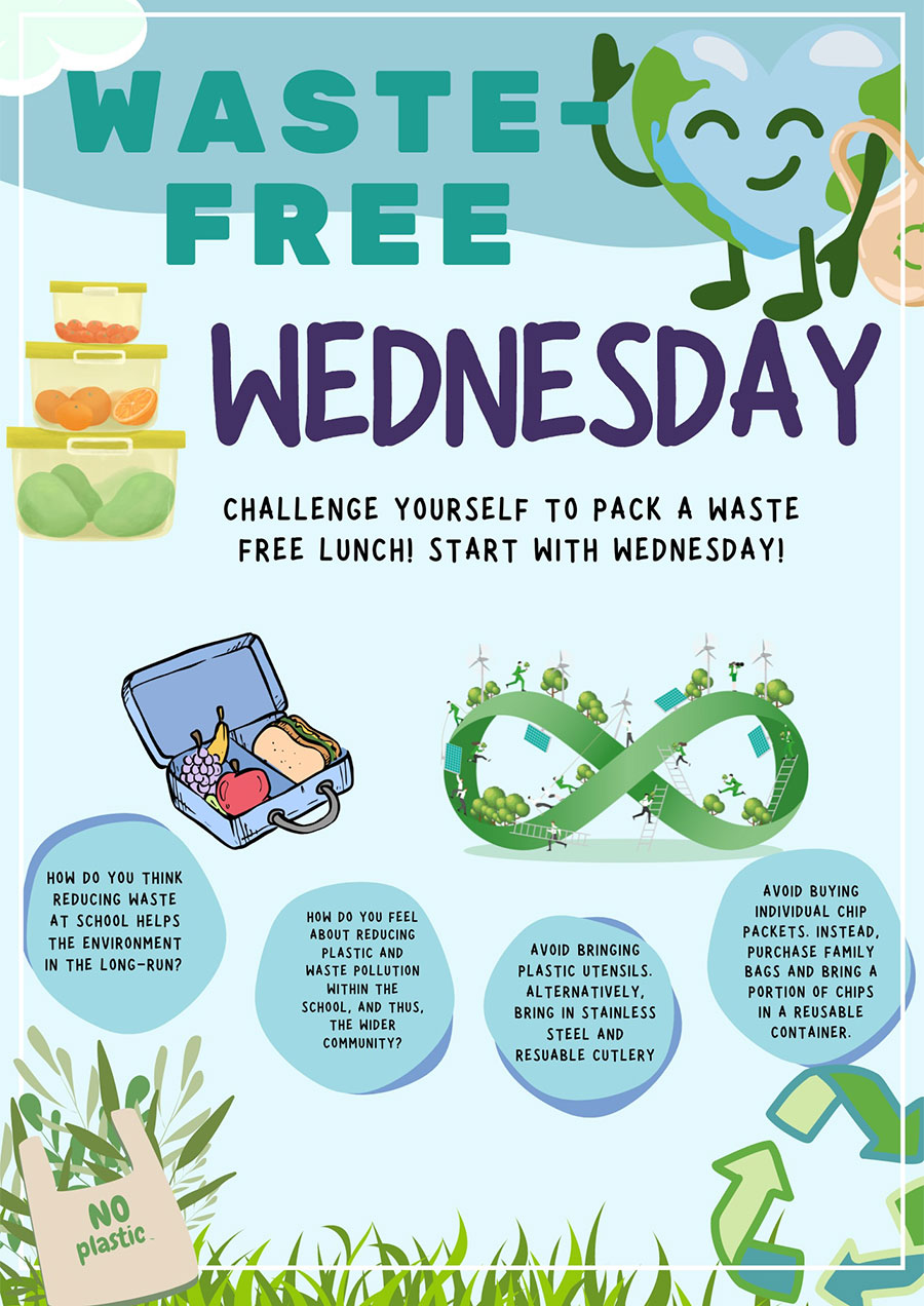 Waste Free Wednesday Poster. It lists some ideas and thought provoking questions to prompt students to reduce their waste.