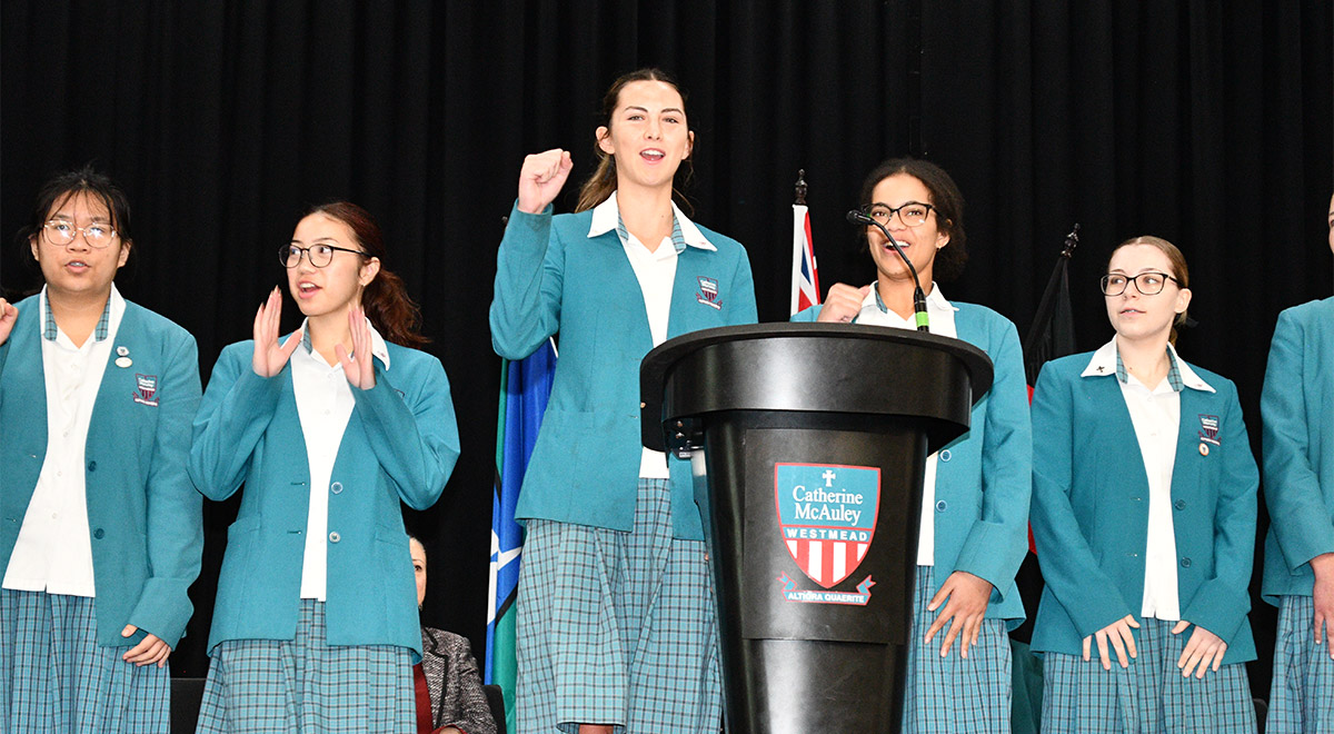 The School Captains were joined by the Student Leaders to demonstrate the new school chant at the assembly this week.