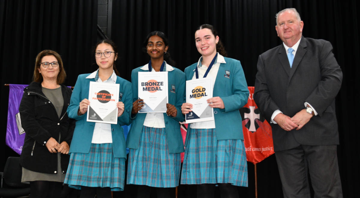Isabella, Sarah and Niamh, who represented the school at the WorldSkills Australia Competition, with on left Ms Xuereb, Leader of Learning Pathways & Partnerships and on right Mr Hall, Assistant Principal.