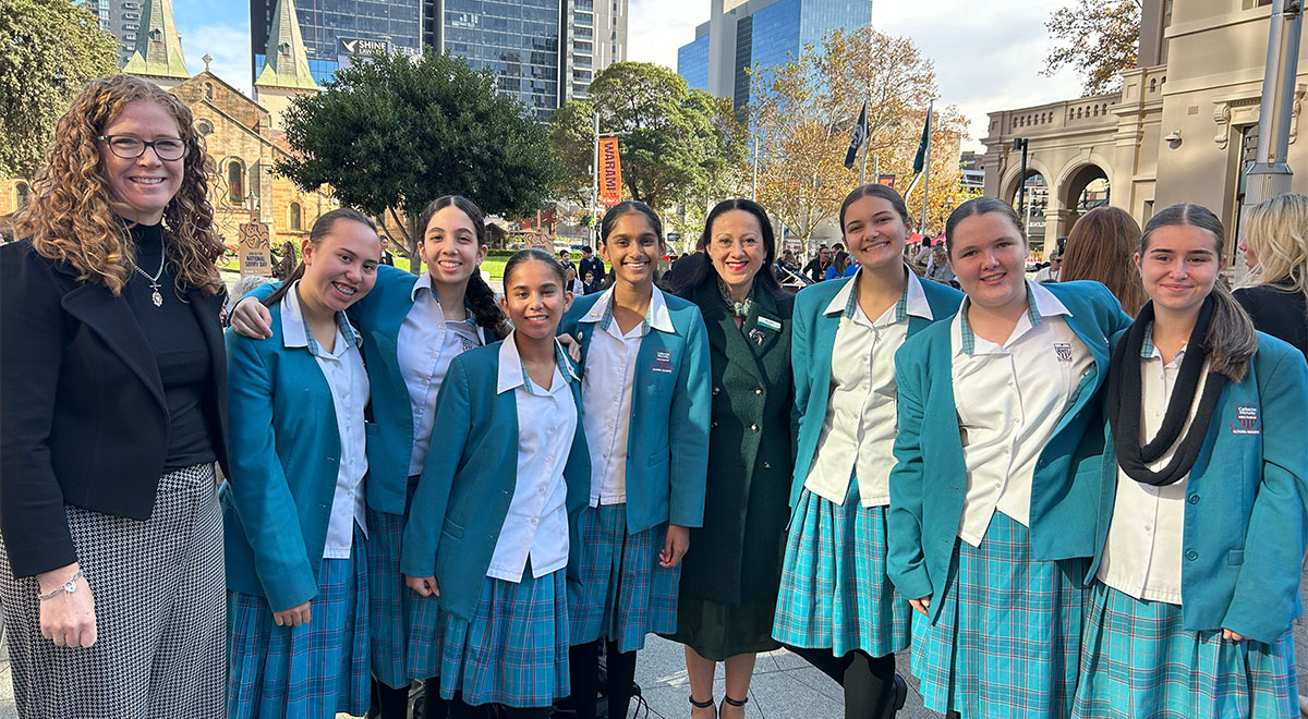 : School Principal Mary Refalo and Teacher Librarian Kirrily Lorenzutta with Year 9 students at The City of Parramatta Council National Sorry Day event.