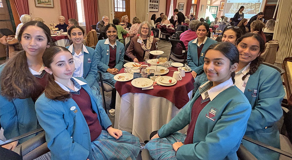 Students with former Principal of Catherine McAuley Westmead Ms Margery Jackman