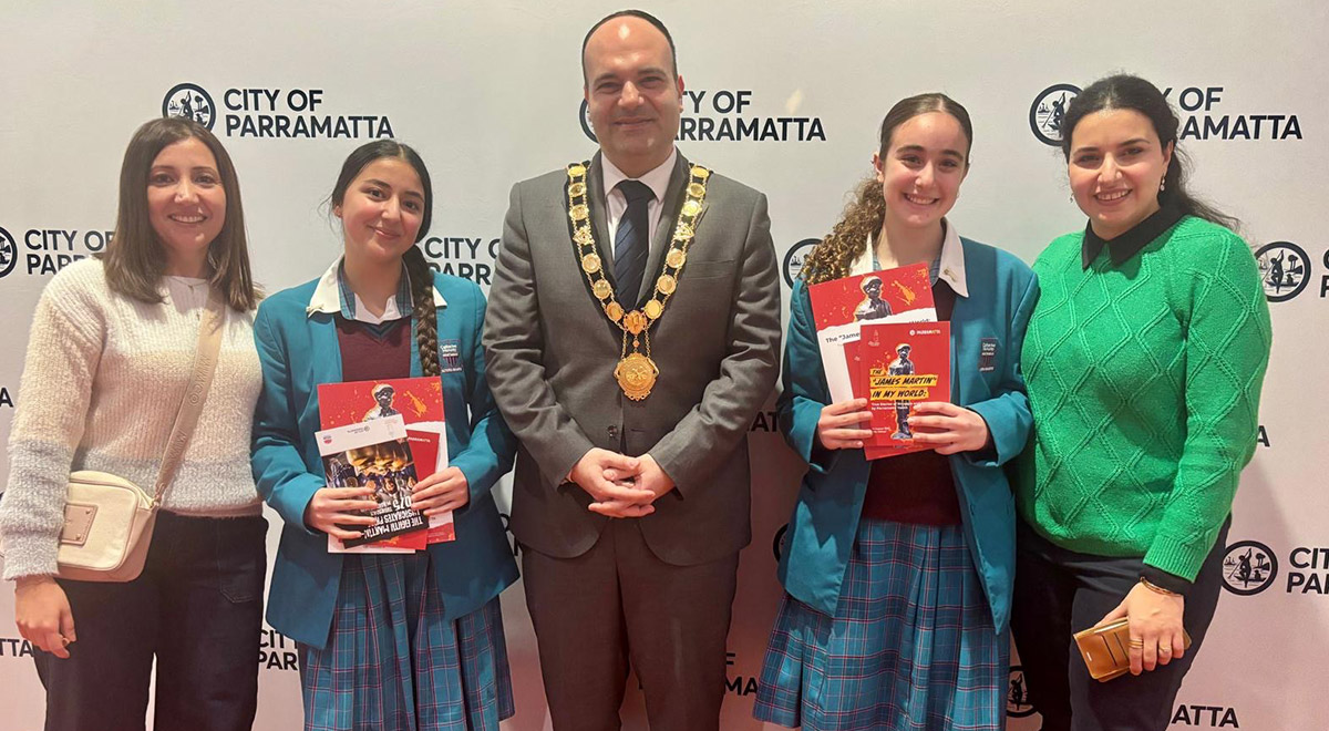  Angelina N. and Holly G., Year 8 students, with their mothers and the Lord Mayor of Parramatta City Council, at the launch of the book - 'The James Martin in My World: A Treasury of True Stories of Struggle and Triumph written by Parramatta Youth.'