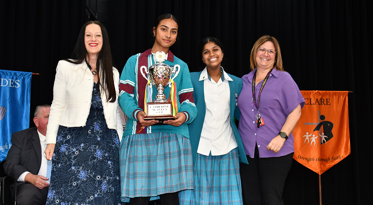 Dobson House Leaders Teresa M. and Shanelle W. with Dobson House Patron Mrs M. Ekde and Principal Ms M. Refalo.