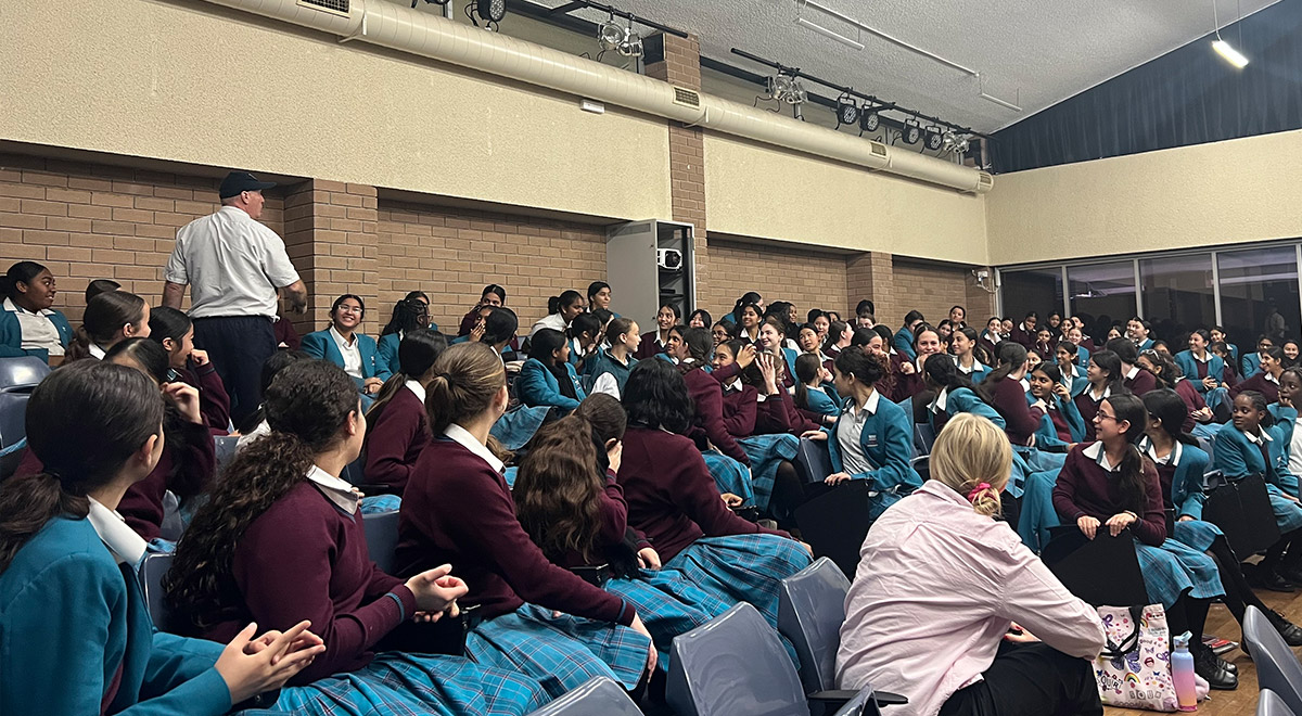 Photo of Drama Incursion. The actor is in the stands with the students.