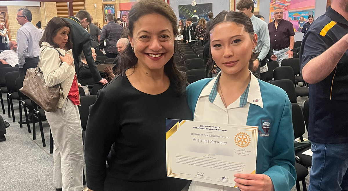 VET Business Services Teacher Mrs Poonam Relan with Year 12 Business Services student Isabella J.