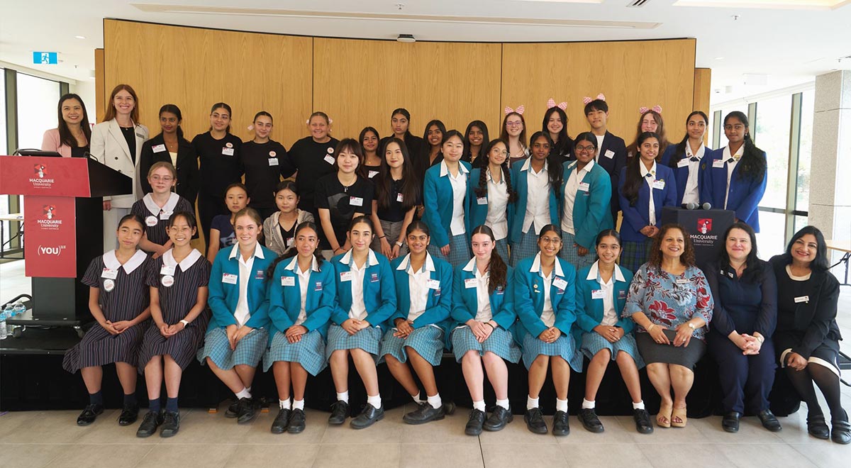 Year 10  Catherine McAuley Commerce Students group photo at the Macquarie Uni Bubble Tea Innovation Challenge Grand Final