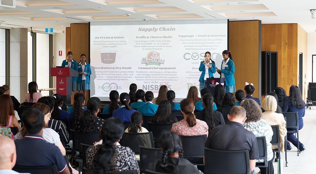 Year 10  Catherine McAuley Commerce Students presenting at the Macquarie Uni Bubble Tea Innovation Challenge Grand Final