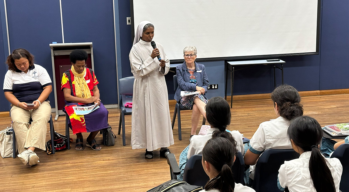 Mercy Works Visitors talking to Catherine McAuley Westmaead students