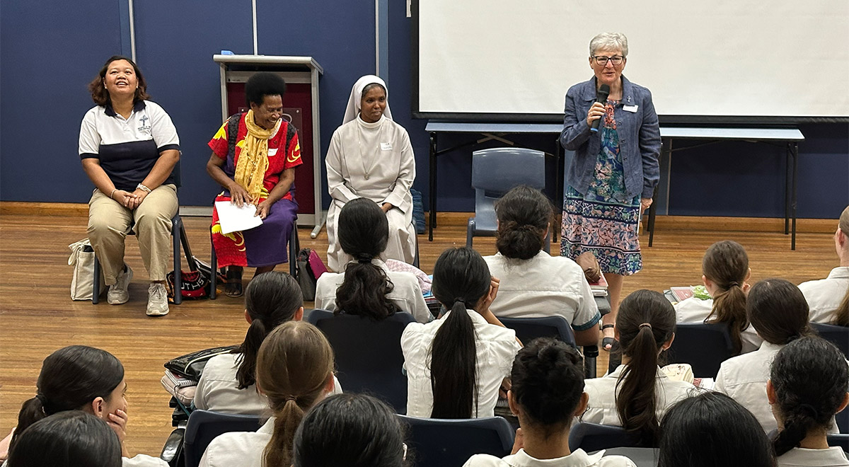 Mercy Works Visitors talking to Catherine McAuley Westmaead students