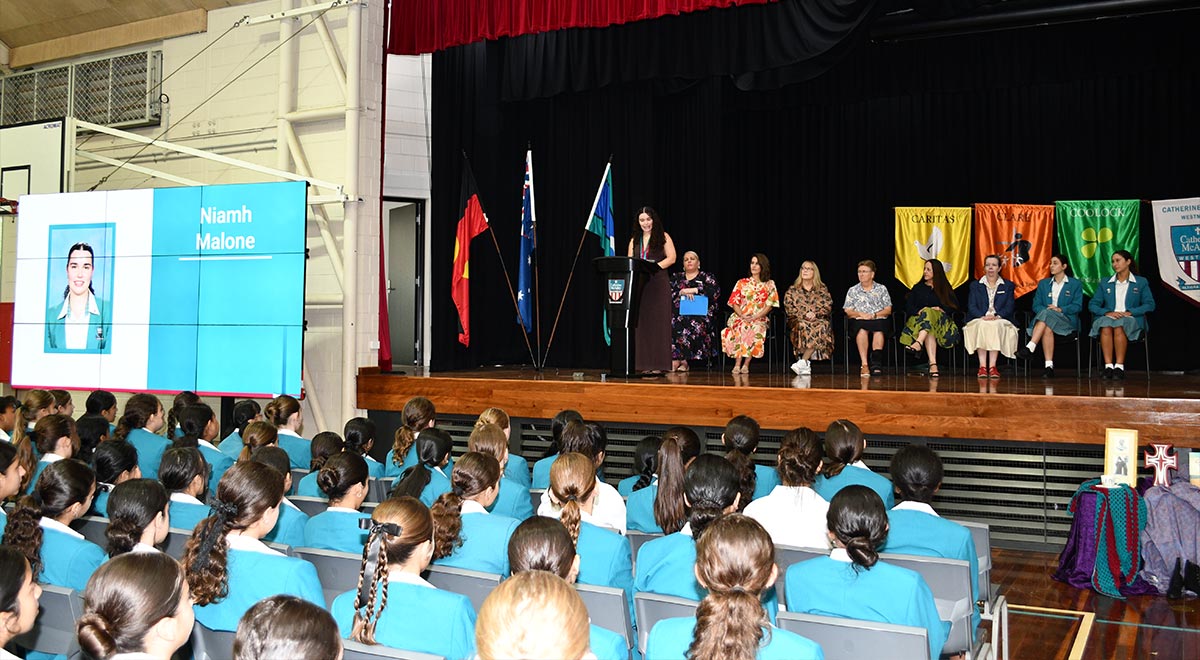 Dux of 2025, Niamh Malone delivering a speech at the HSC High Achievers Assembly