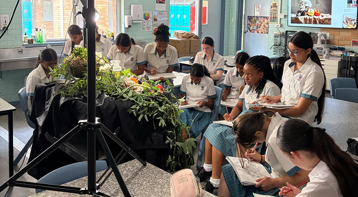 Year 9 Visual Arts students have put together an arrangement that embodies the concepts of memento mori and vanitas.