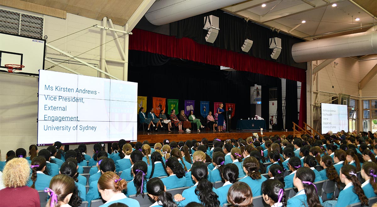 Guest speaker Kirsten Andrews speaking at IWD assembly