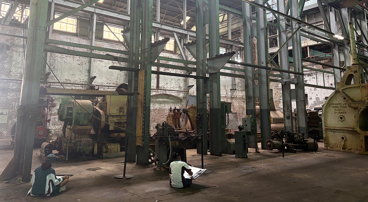 Catherine McAuley Westmead visual arts students sketching industrial architecture