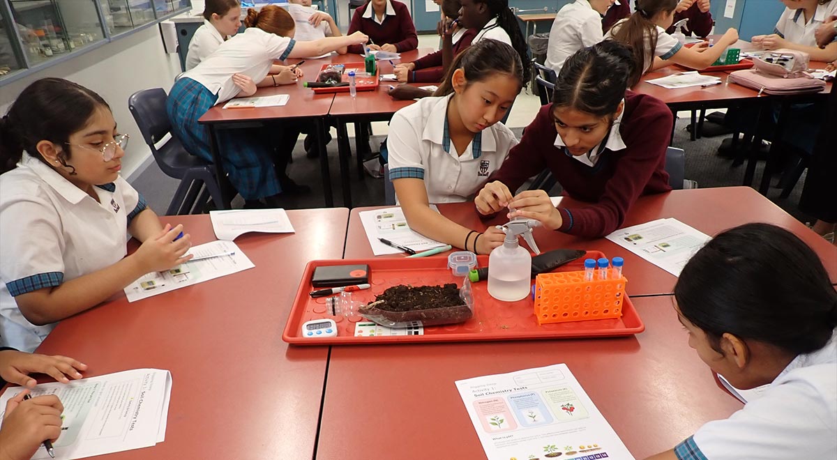 Students running the investigation on the soil