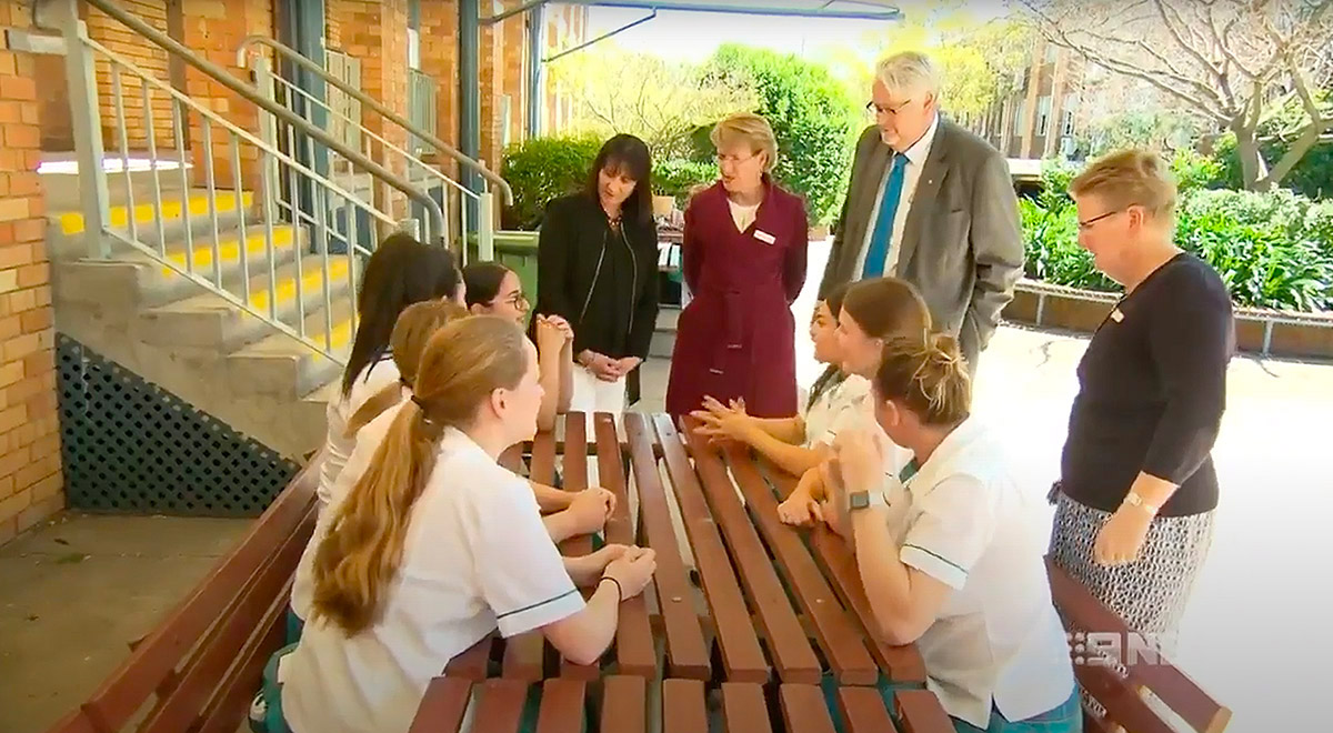 Leadership from Catherine McAuley Catholic College Westmead having a discussion with students