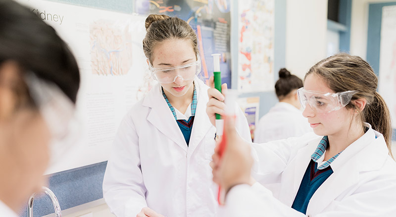 Students conducting science experiment at Catherine McAuley Catholic College Westmead science labs