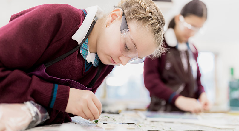 A Catherine McAuley Catholic College Westmead student is wearing safety goggles while she works on a VET project