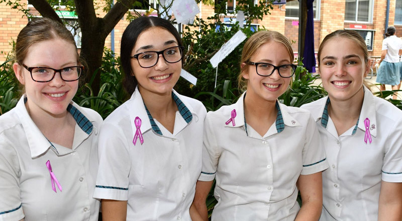 Catherine McAuley Catholic College Westmead students wearing Cancer Council ribbons