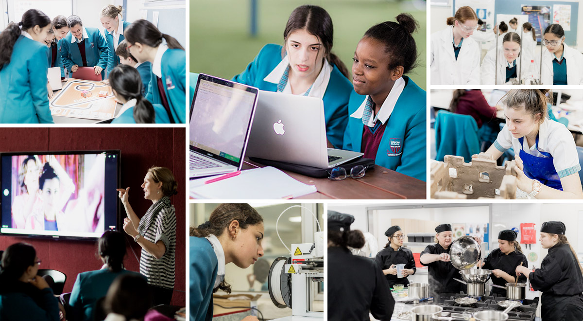 Collage of curricular offerings available at Catherine McAuley Catholic College Westmead. Some students are designing, some are using machinery, others are in lab coats.