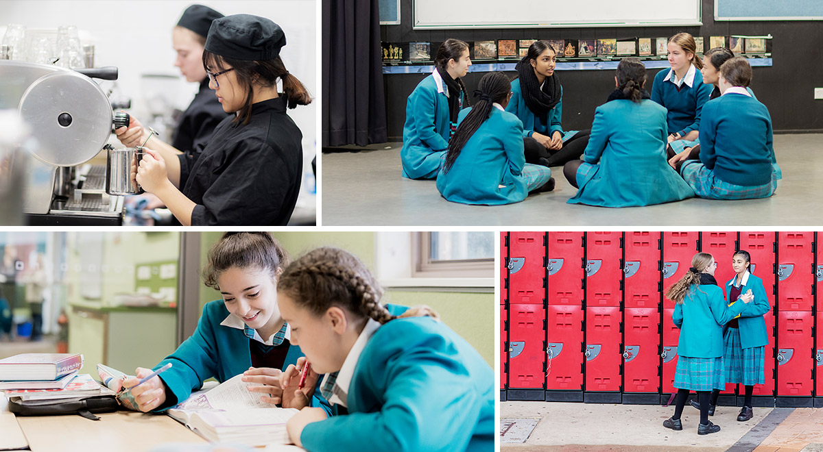 Collage of offerings available at Catherine McAuley Catholic College Westmead. Collage includes students learning barista skills, students in group setting, students by their lockers and students studying.