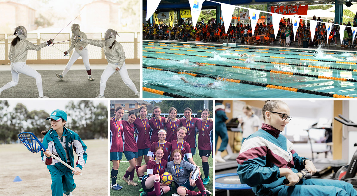 Collage of sporting activities available at Catherine McAuley Catholic College Westmead. Examples include Gym, Soccer, fencing, swimming, etc.