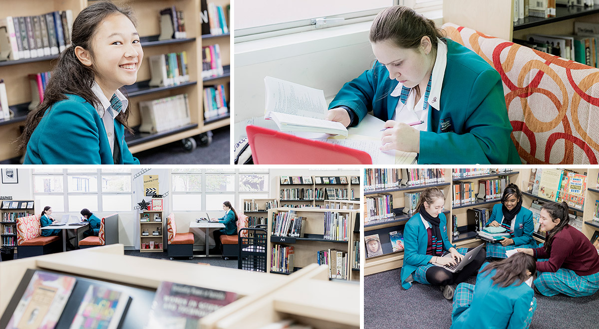 Collage of Catherine McAuley Catholic College Westmead students using school library facilities