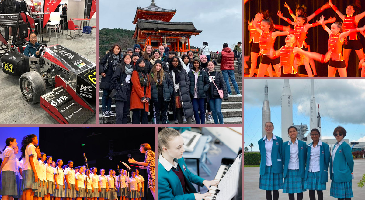 Collage of Extracurricular activities on offer for Catherine McAuley Catholic College Westmead students. Examples include overseas trips, science excursions, NASA Excursion, music lessons and performing arts
